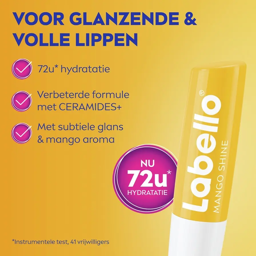 Yellow tube of Labello Mango Shine lip balm beside benefits for 72-hour hydration, ceramides and subtle shine