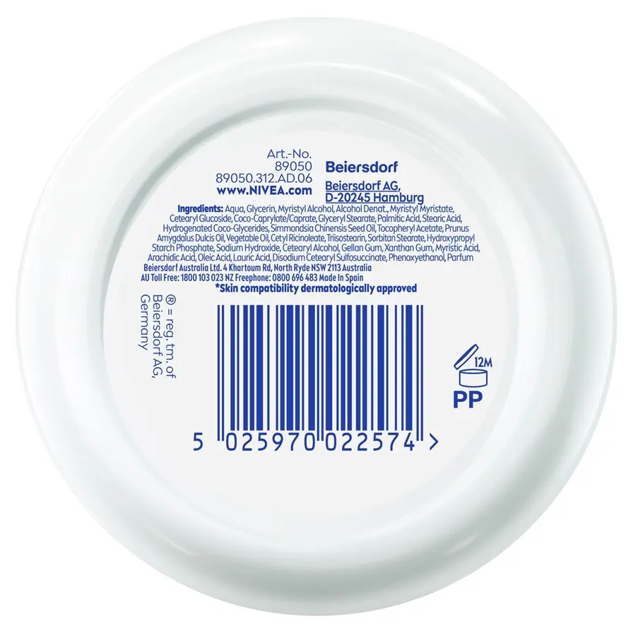 Bottom of a round white NIVEA cream jar with blue ingredient text, barcode and 12-month open-jar symbol