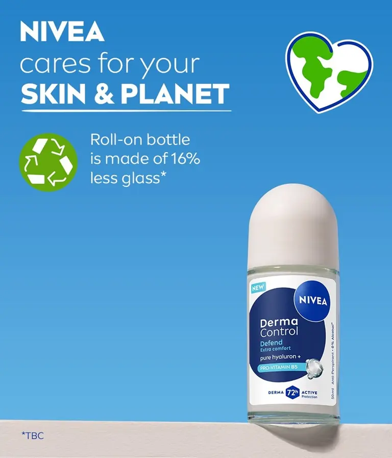 NIVEA Derma Control Defend Deo Roll-On featured against a sky blue background, with text and recycling icons.
