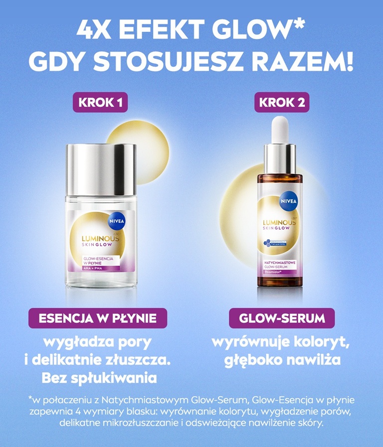 NIVEA LUMINOUS630® Skin Glow Esencja oraz NIVEA LUMINOUS630® Skin Glow Natychmiastowe Glow Serum z jasnopomarańczowymi okręgami w tle za butelkami.