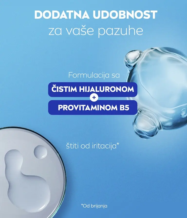 Ingredient molecules Pure Hyaluron and Pro-Vitamin B5, with the text: Extra comfort for your underarms.