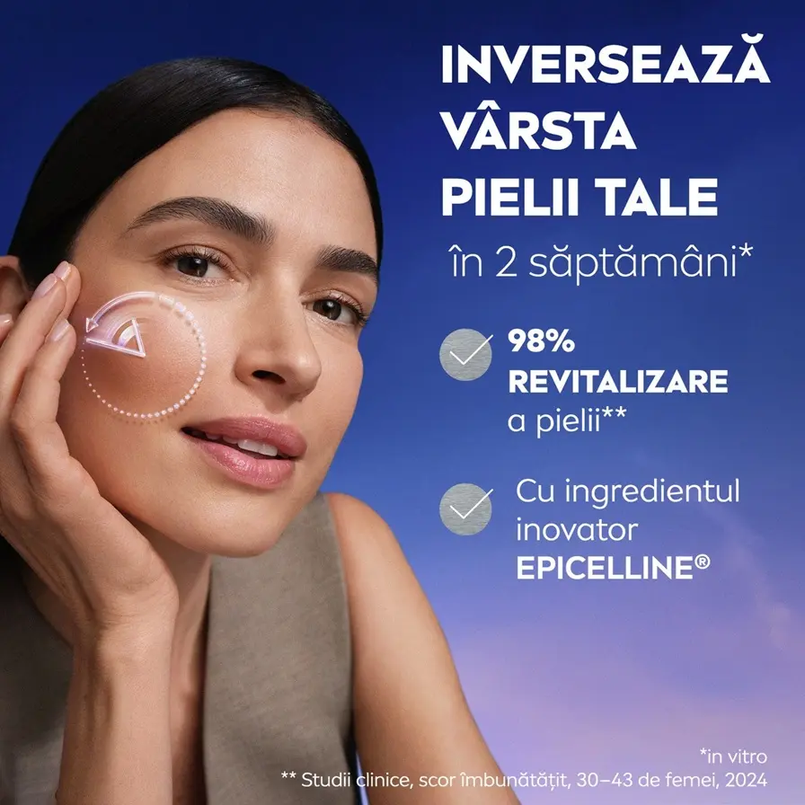 A woman smiles knowingly, featured next to a list of product facts of NIVEA CELLULAR Epigenetics - Rejuvenating Serum with EPICELLINE®.