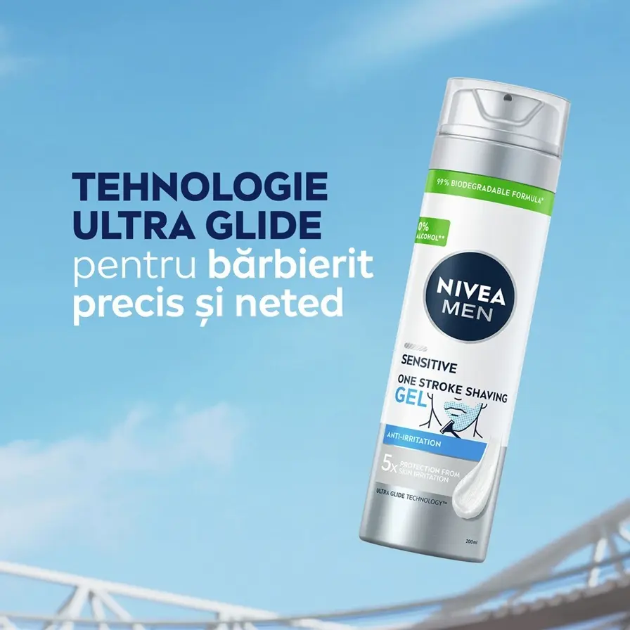 NIVEA MEN Sensitive Daily Protect Moisturiser with a list of benefits against a teal sky background.