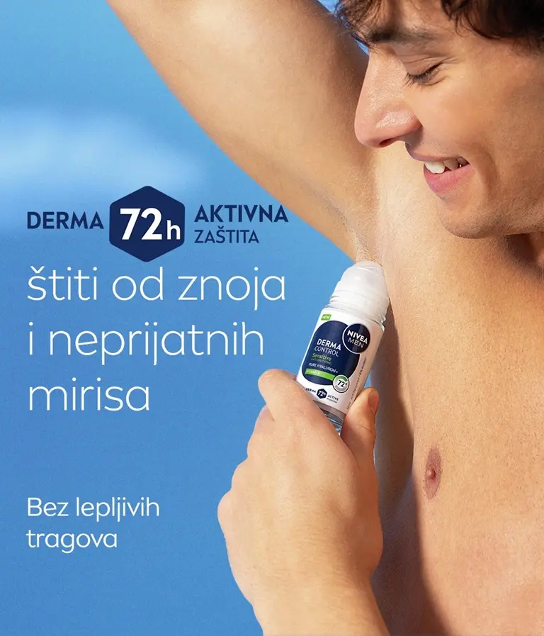 A hand holds up the NIVEA MEN Derma Control Sensitive Deo Roll-On against a sky background, with list of benefits.