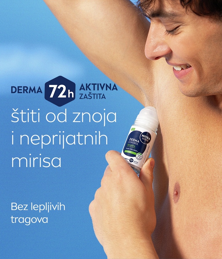 A hand holds up the NIVEA MEN Derma Control Sensitive Deo Roll-On against a sky background, with list of benefits.