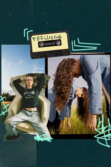 Kreative Collage zum Thema emotionale Balance mit dem Titel ‚FEELINGS‘. Gezeigt werden Porträts von Entspannung in der Natur und introspektiver Haltung, stilisiert mit einer Kassette und grafischen Elementen.