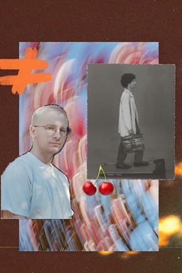 Collage aus zwei Porträts, einem Paar Kirschen und einem orangefarbenen Ungleichheitszeichen auf dunkelbraunem Hintergrund mit Lichteffekten.