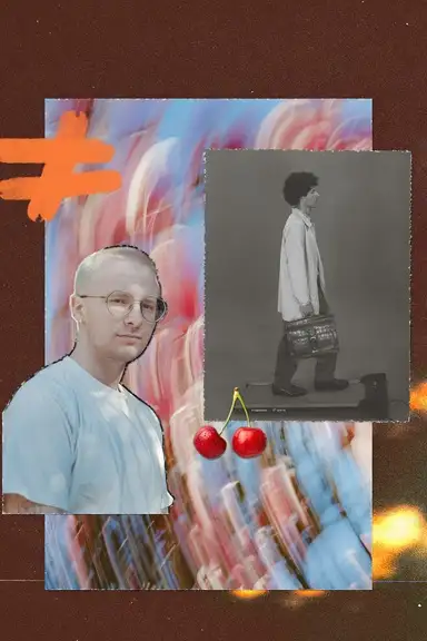 Collage aus zwei Porträts, einem Paar Kirschen und einem orangefarbenen Ungleichheitszeichen auf dunkelbraunem Hintergrund mit Lichteffekten.