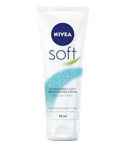 White 75 ml tube of NIVEA Soft moisturizing cream for face, body and hands, with jojoba oil and vitamin E