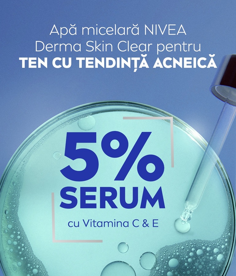 A woman leans back and gazes, holding the Derma Skin Clear Serum-infused Micellar Water under her chin.