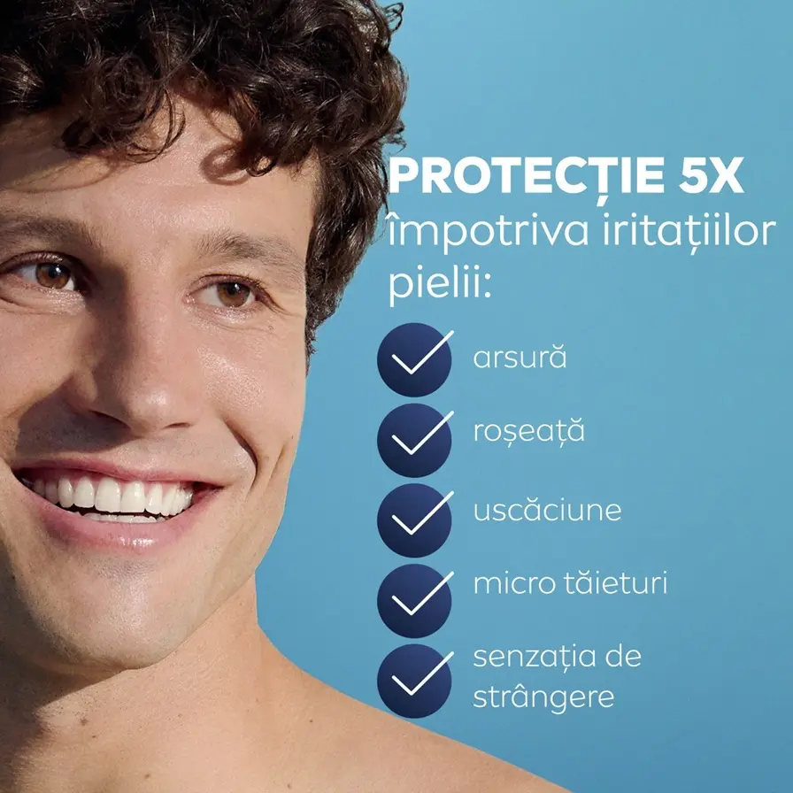 NIVEA MEN Sensitive Daily Protect Moisturiser with a list of benefits against a teal sky background.