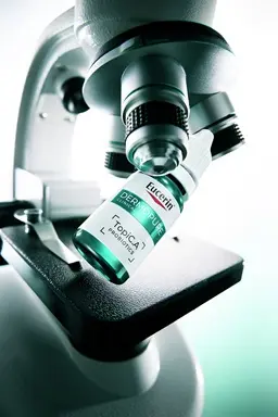 Flasche Eucerin Probiom8 TopiC.A neben einem Mikroskop