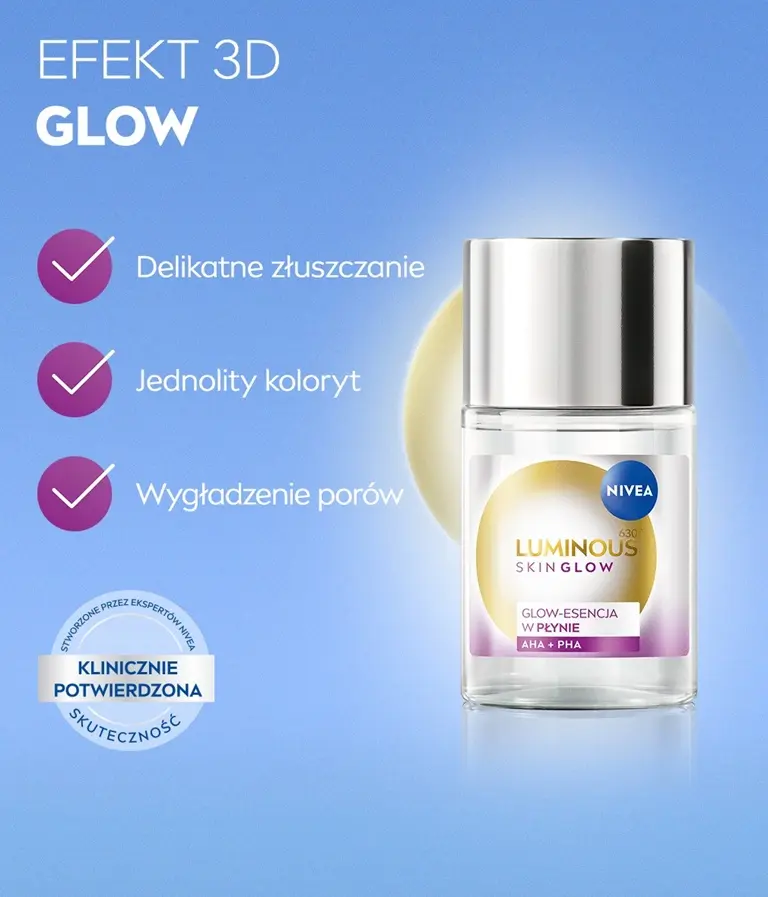 NIVEA LUMINOUS630® Skin Glow Esencja w płynie na tle jasnopomarańczowego okręgu i jasnoniebieskiego tła
