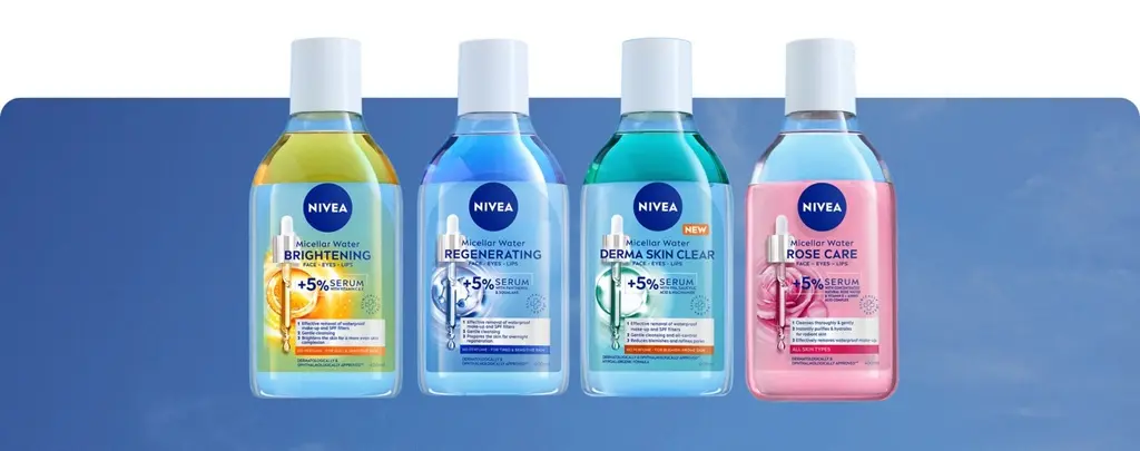 The NIVEA Serum-infused Micellar Water range of four products, featured over a sky blue background.
