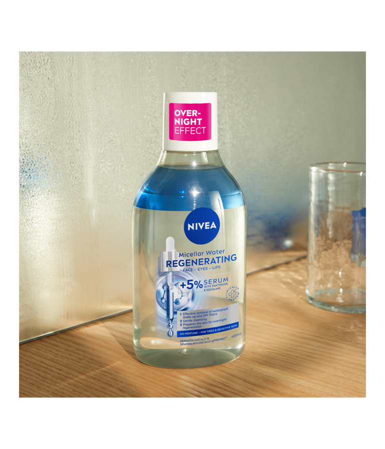NIVEA Regenerating Serum-Infused
Micellar Water against a sky blue background