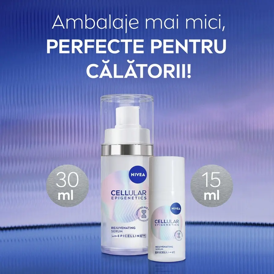 A woman smiles knowingly, featured next to a list of product facts of NIVEA CELLULAR Epigenetics - Rejuvenating Serum with EPICELLINE®.