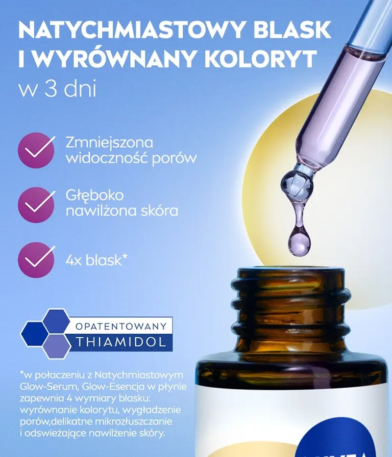 Zbliżenie na rozświetlające serum NIVEA LUMINOUS630® Skin Glow Instant Glow, z pipetą unoszącą się nad butelką, z pojedynczą kroplą serum wiszącą na końcu.
