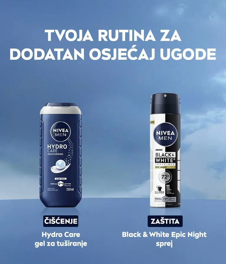 NIVEA Men Hydro Care shower gel and Black & White Epic Night antiperspirant spray for cleansing and protection