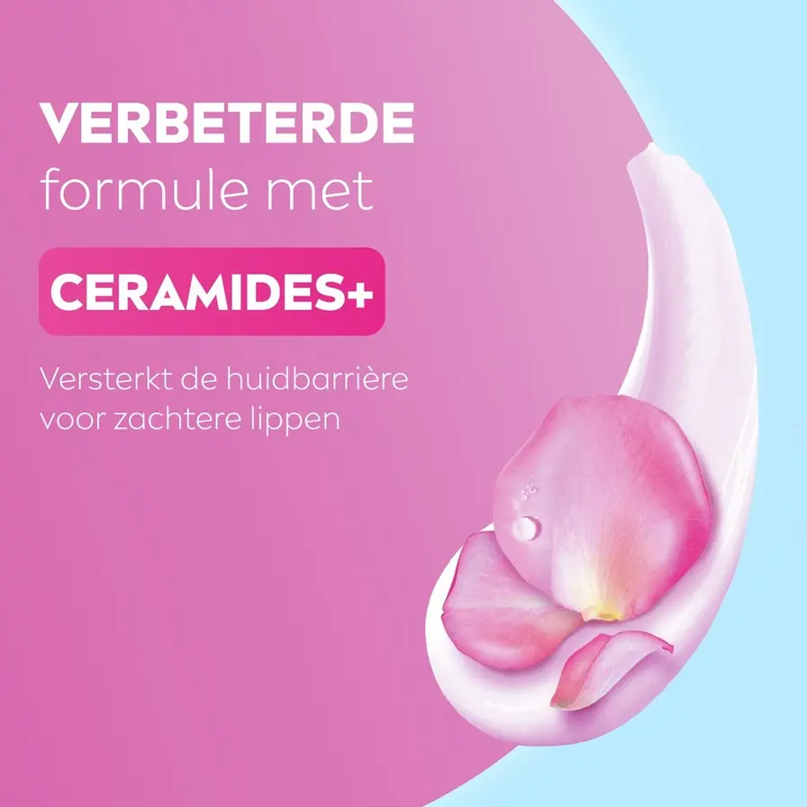 Pink graphic about a lip care formula with Ceramides+, beside cream and rose petals on blue