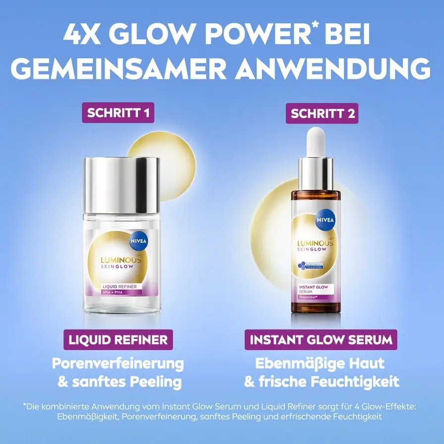 NIVEA LUMINOUS630® Skin Glow
Liquid Refiner and NIVEA LUMINOUS630® Skin Glow Instant Glow Serum with pale yellow circles featured behind the bottles.