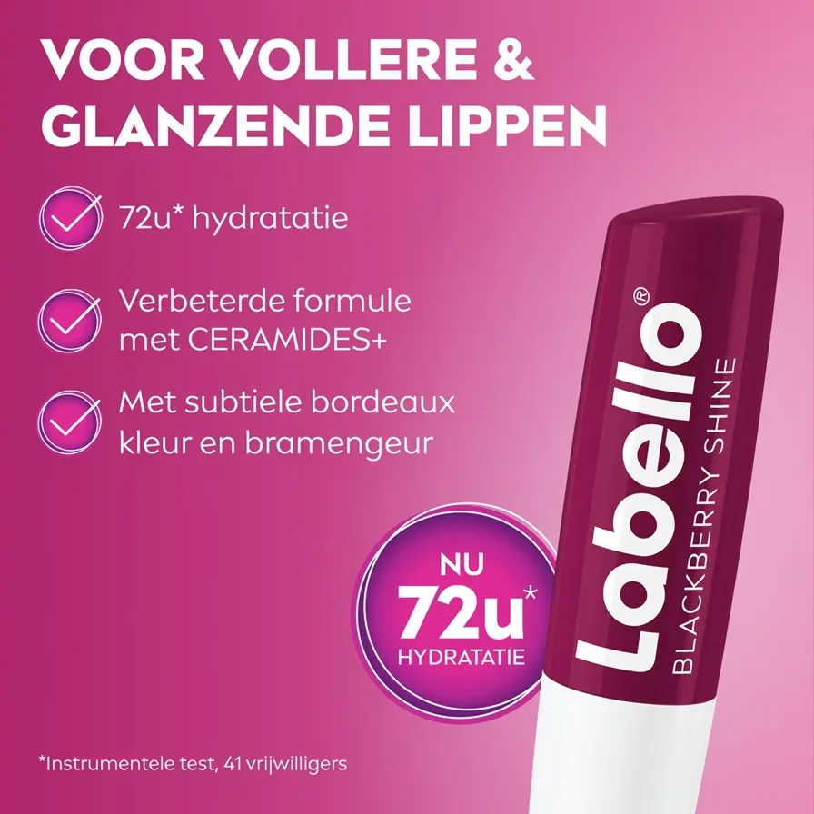 Burgundy Labello Blackberry Shine lip balm beside benefits for 72-hour hydration, ceramides and subtle color