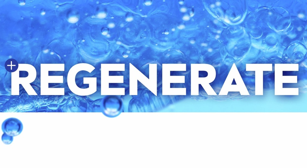 A bright, bubbly blue background with the word, " REGENERATE".